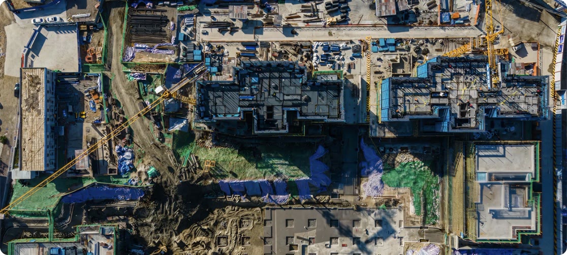 Aerial view of a dense construction site